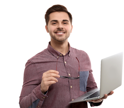 a picture of a man in a shirt holding a laptop in aone hand and glasses in the other