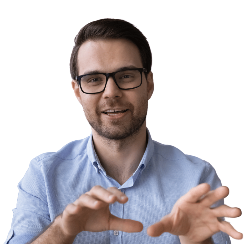 a picture of a man in glasses explaining something
